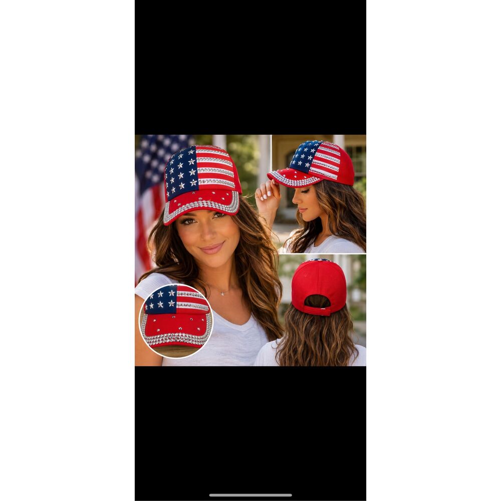 New Patriotic Rhinestone Studded American Flag Baseball Cap Red Adjustable Hat